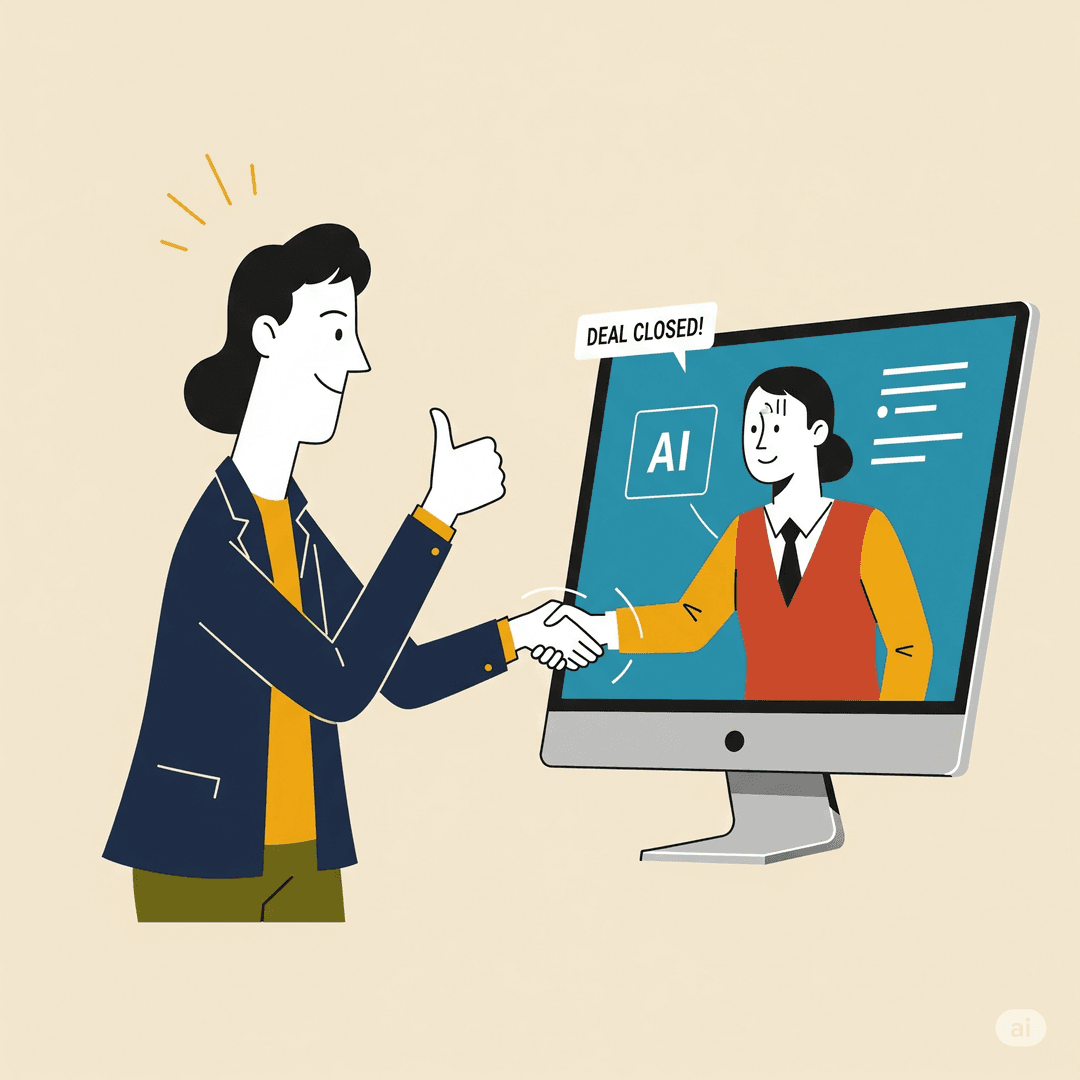 A retro-style illustration of a professional practicing sales conversations through virtual simulations